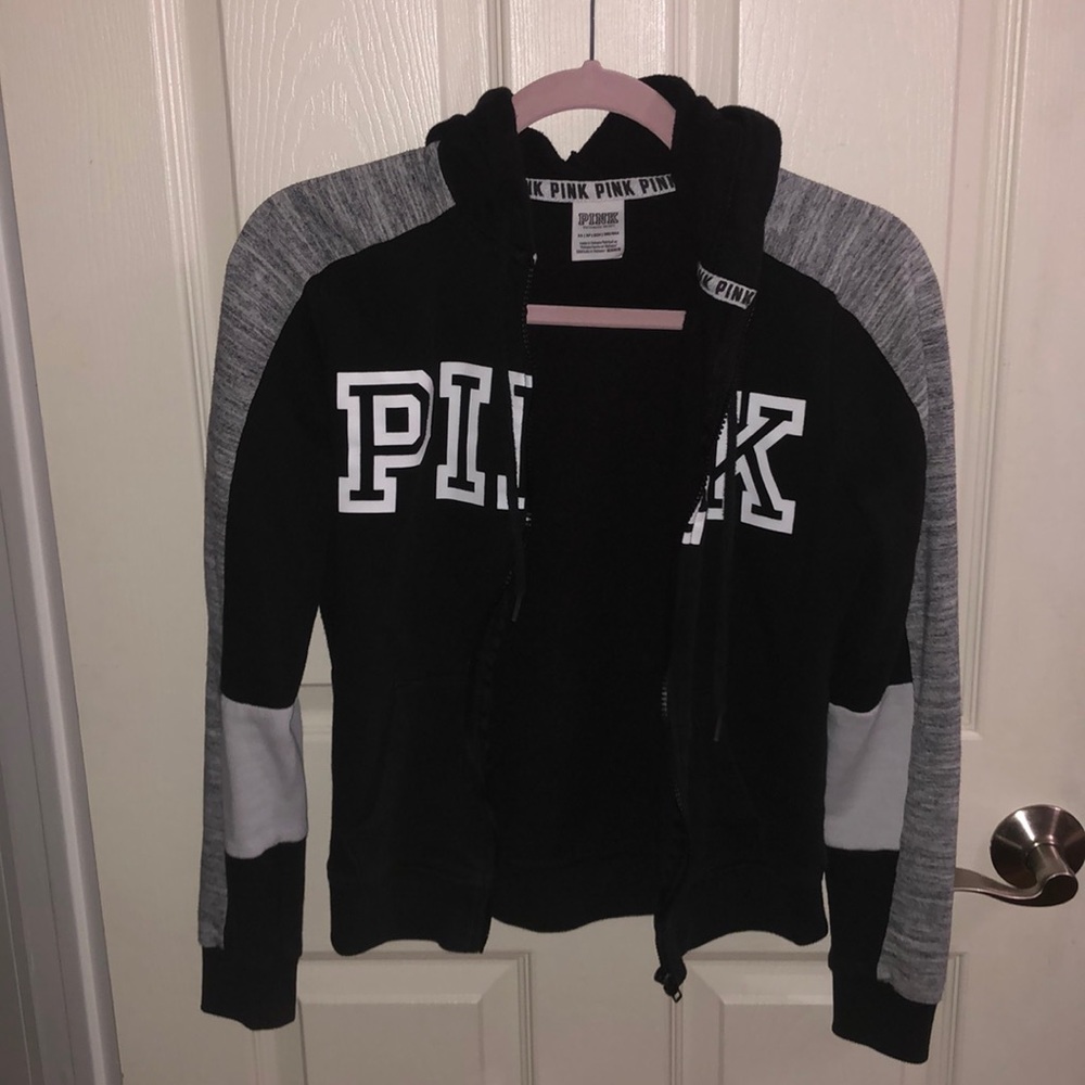 PINK Vs XS Zip Up Hoodie Jacket Black Gray and White